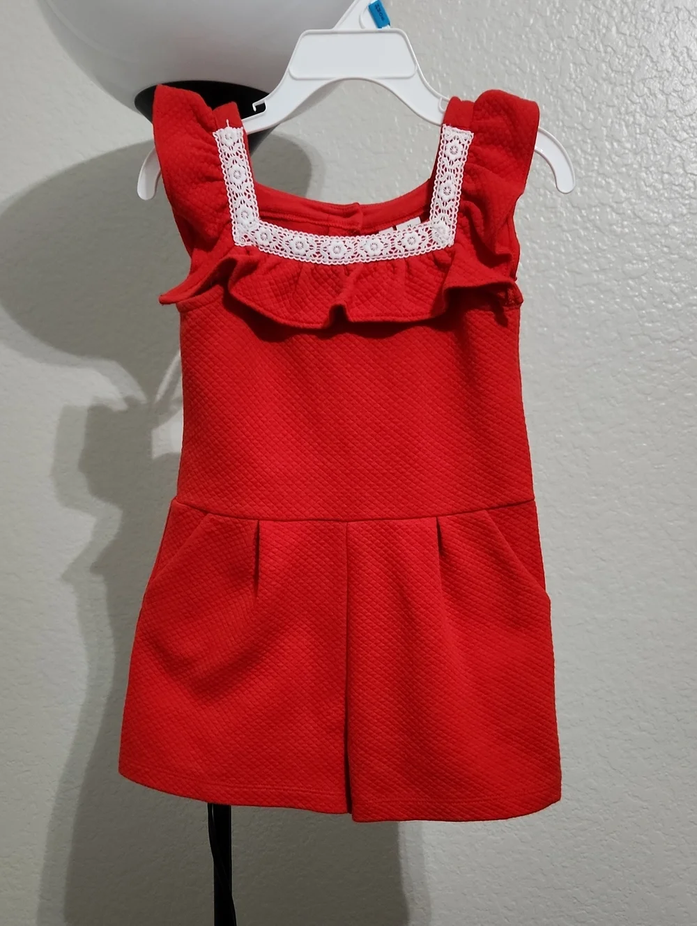 Janie and Jack Toddler Girl's Red Ruffle Romper with White Lace Trim: Size 2T